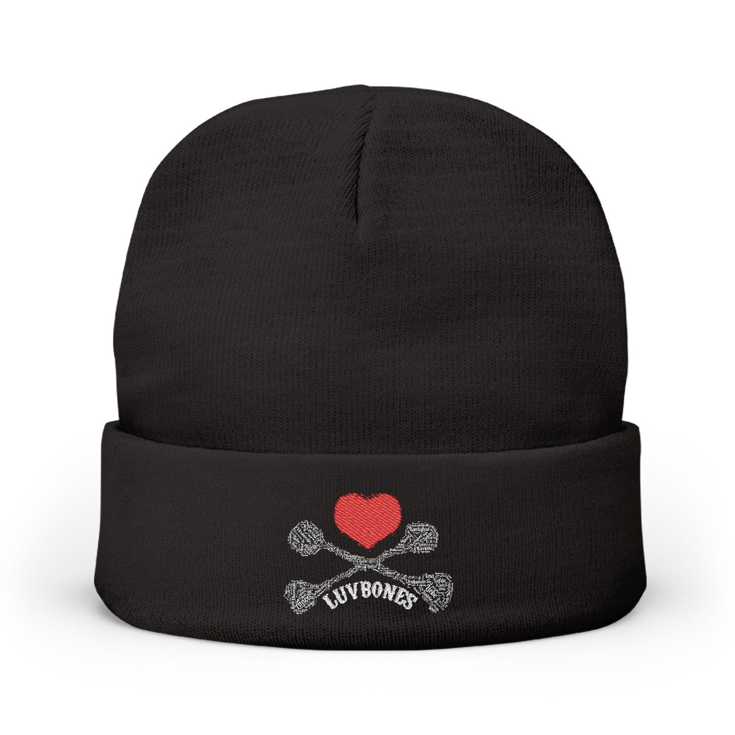 Luvbones - Hearts & Crossbones Knit Beanie, Warm Winter Hat, Casual Headwear, Skull Beanie, Gifts for Him/Her