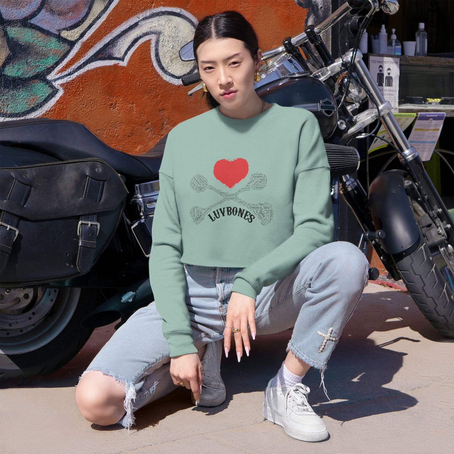 Luvbones - Hearts & Crossbones Cropped Sweatshirt Casual, Streetwear, Gift for Her, Trendy Apparel