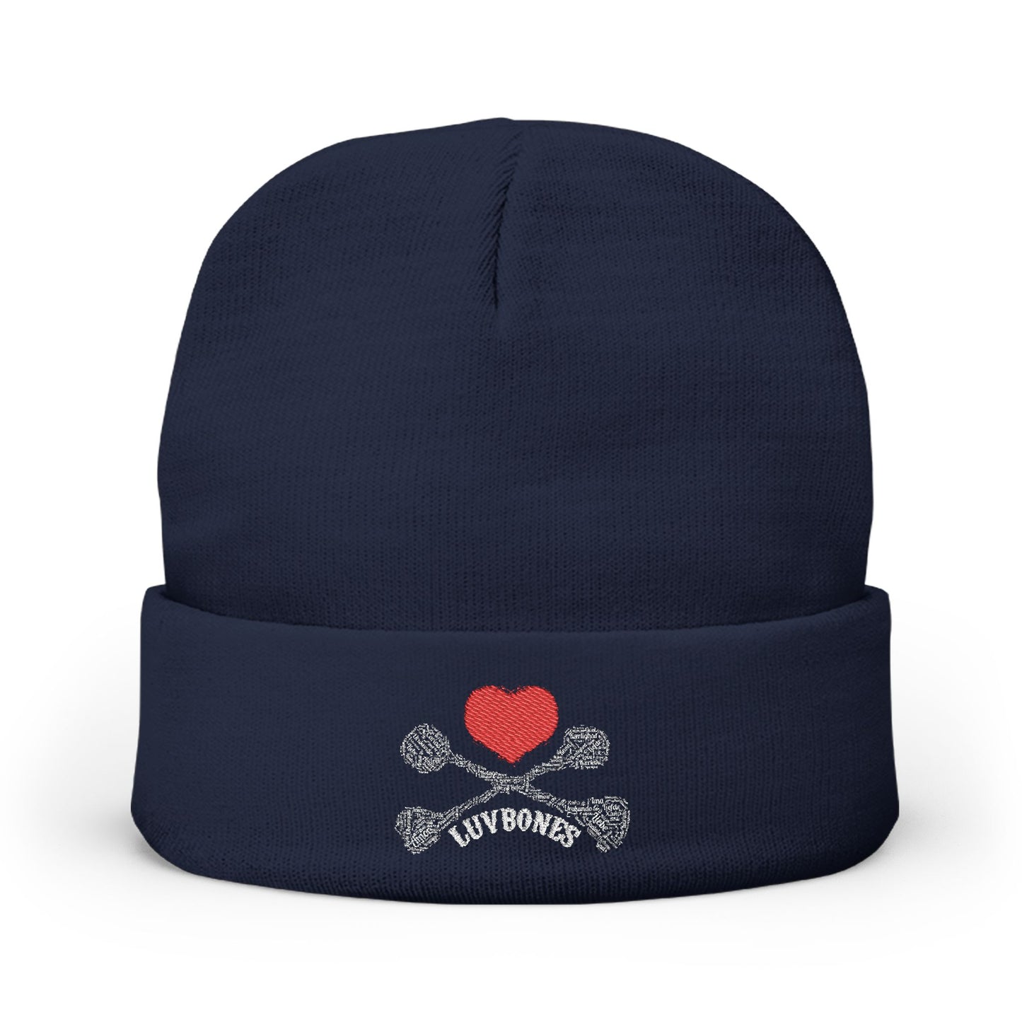 Luvbones - Hearts & Crossbones Knit Beanie, Warm Winter Hat, Casual Headwear, Skull Beanie, Gifts for Him/Her