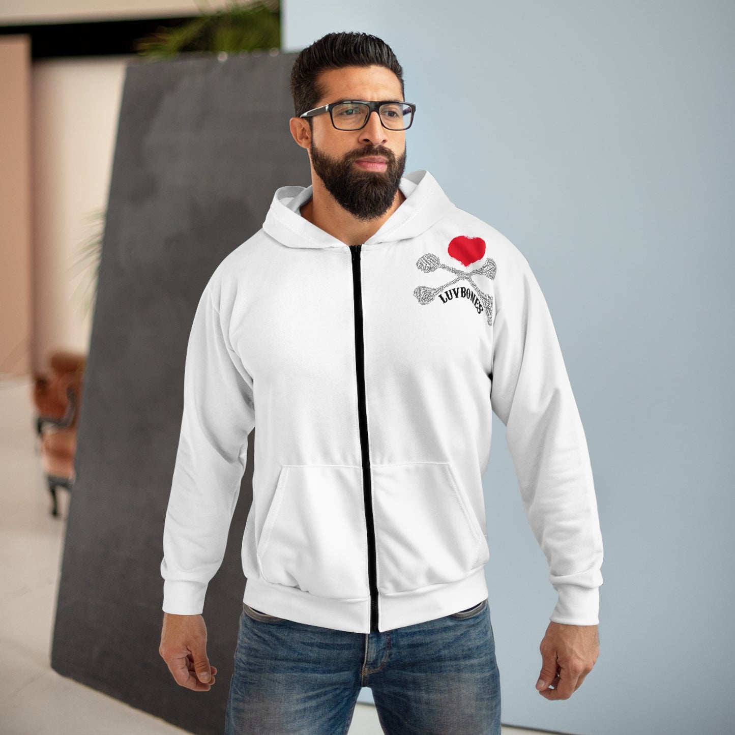 Luvbones - Hearts & Crossbones Unisex Zip Hoodie, Cozy Zip Up, Perfect for Casual Outings, Valentine’s Day Gift, Unique Streetwear Style