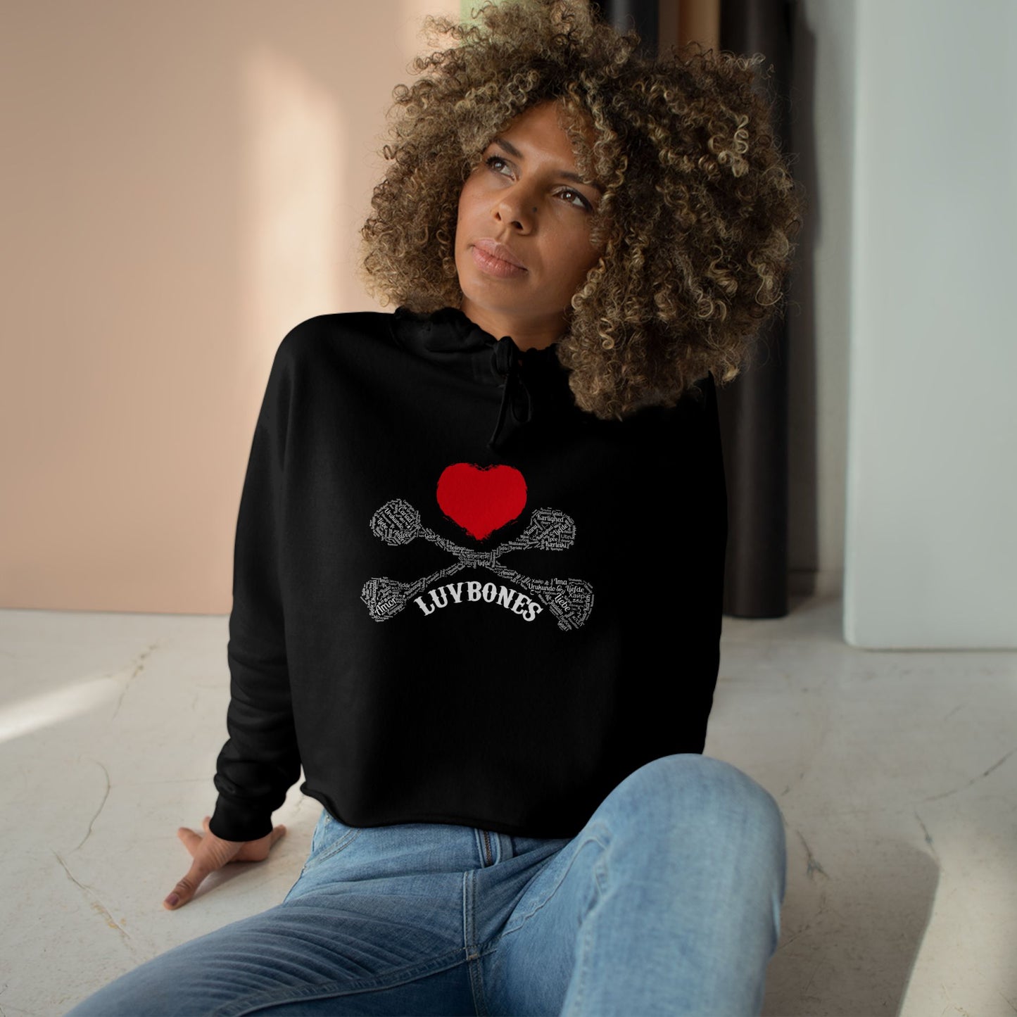 Luvbones - Hearts & Crossbones Crop Hoodie - Trendy Streetwear, Cute Gift, Halloween Apparel, Casual Outfit, Festival Wear