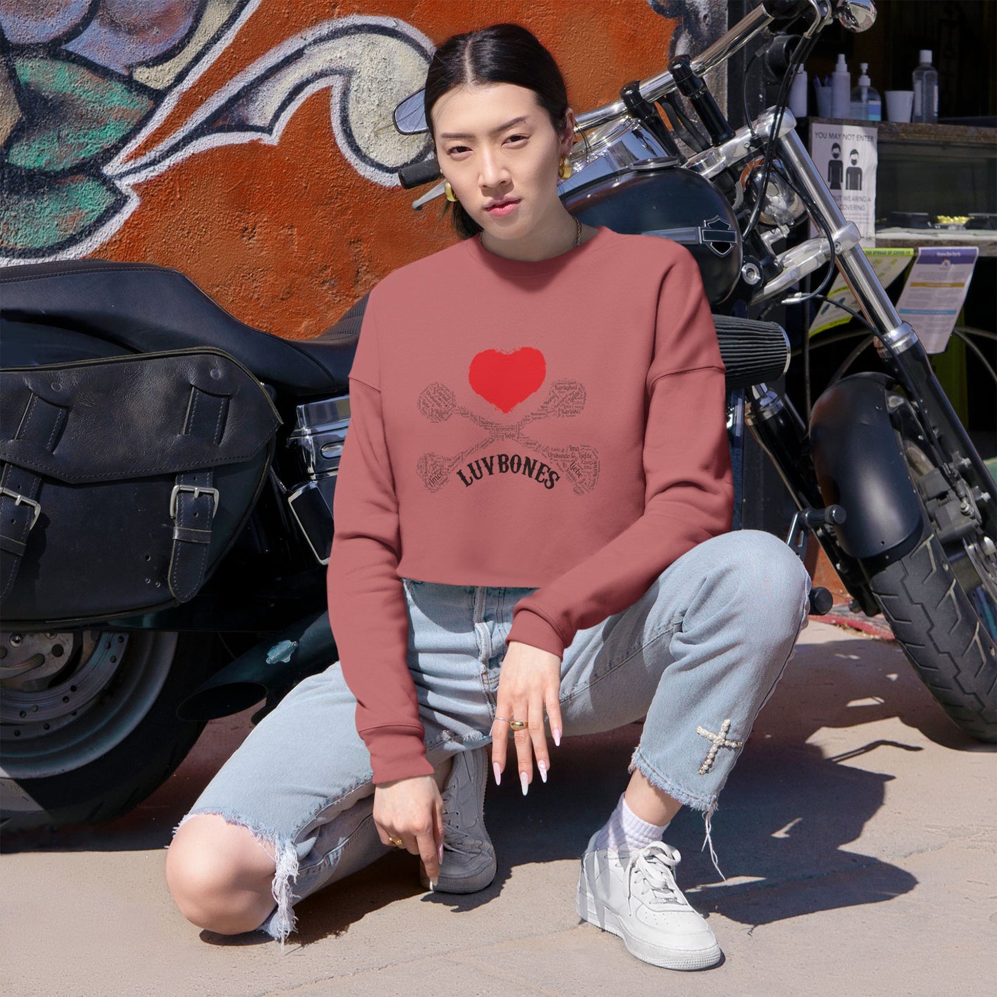 Luvbones - Hearts & Crossbones Cropped Sweatshirt Casual, Streetwear, Gift for Her, Trendy Apparel