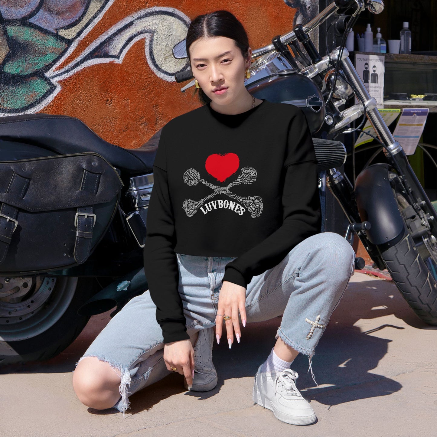 Luvbones - Hearts & Crossbones Cropped Sweatshirt Casual, Streetwear, Gift for Her, Trendy Apparel