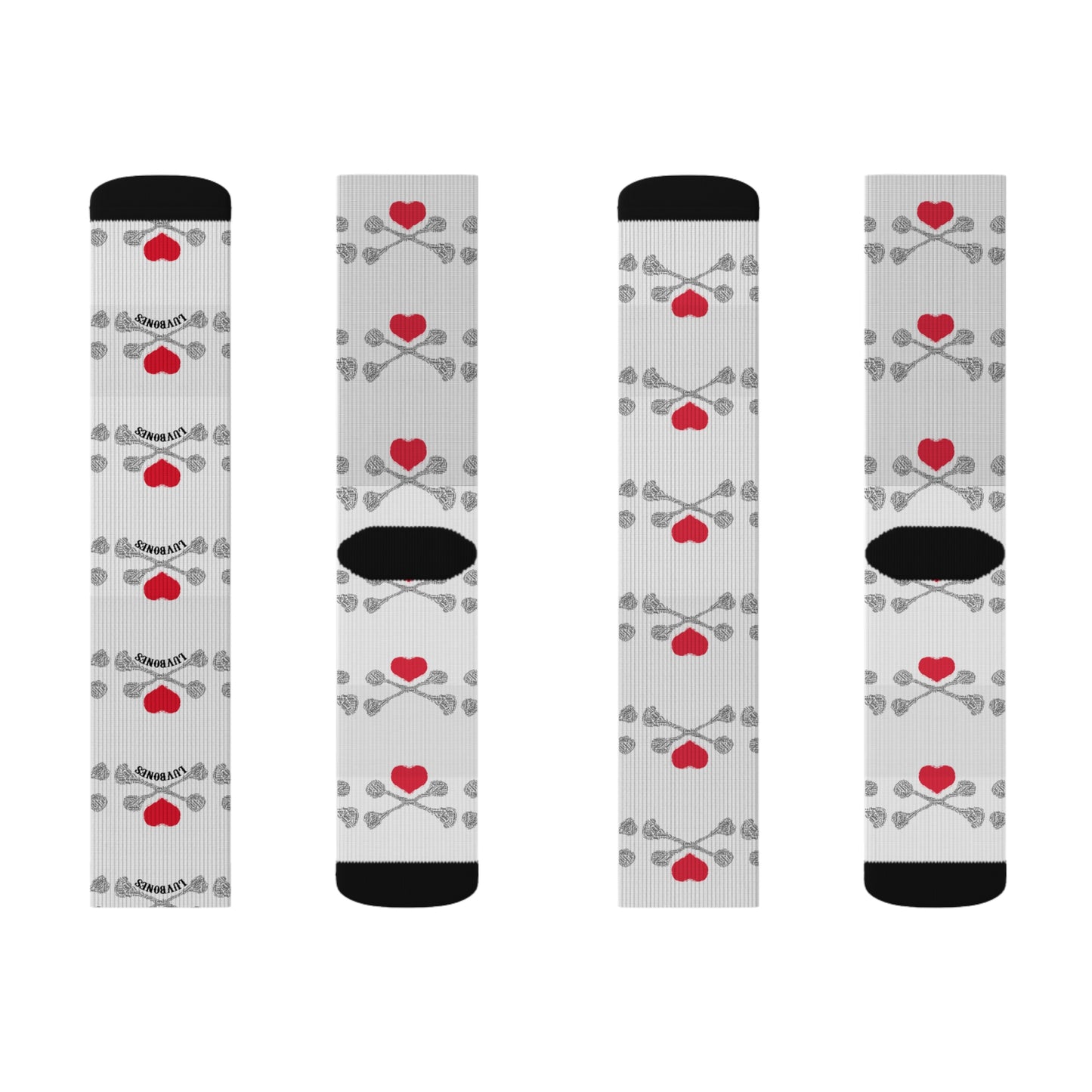 Luvbones - Hearts & Crossbones Patterned Sublimation Socks, Fun Gift for Couples, Cozy Footwear for Home, Valentine's Day, Unique Sock Design, Everyday Wear