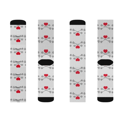 Luvbones - Hearts & Crossbones Patterned Sublimation Socks, Fun Gift for Couples, Cozy Footwear for Home, Valentine's Day, Unique Sock Design, Everyday Wear