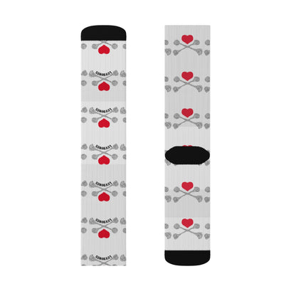 Luvbones - Hearts & Crossbones Patterned Sublimation Socks, Fun Gift for Couples, Cozy Footwear for Home, Valentine's Day, Unique Sock Design, Everyday Wear