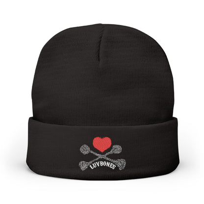 Luvbones - Hearts & Crossbones Knit Beanie, Warm Winter Hat, Casual Headwear, Skull Beanie, Gifts for Him/Her