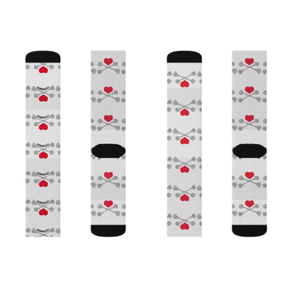 Luvbones - Hearts & Crossbones Patterned Sublimation Socks, Fun Gift for Couples, Cozy Footwear for Home, Valentine's Day, Unique Sock Design, Everyday Wear