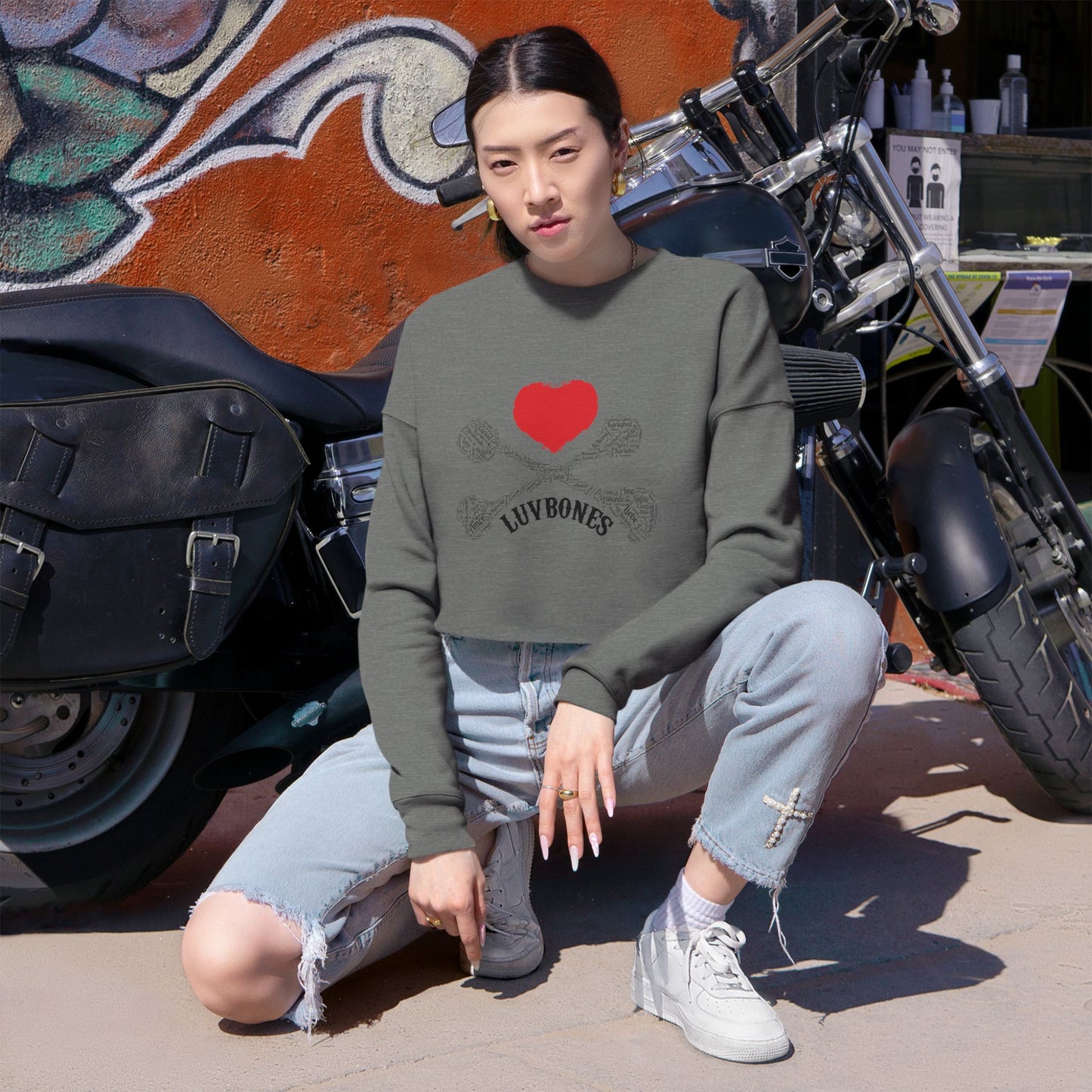 Luvbones - Hearts & Crossbones Cropped Sweatshirt Casual, Streetwear, Gift for Her, Trendy Apparel