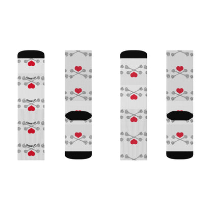 Luvbones - Hearts & Crossbones Patterned Sublimation Socks, Fun Gift for Couples, Cozy Footwear for Home, Valentine's Day, Unique Sock Design, Everyday Wear