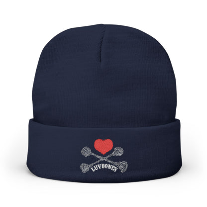Luvbones - Hearts & Crossbones Knit Beanie, Warm Winter Hat, Casual Headwear, Skull Beanie, Gifts for Him/Her
