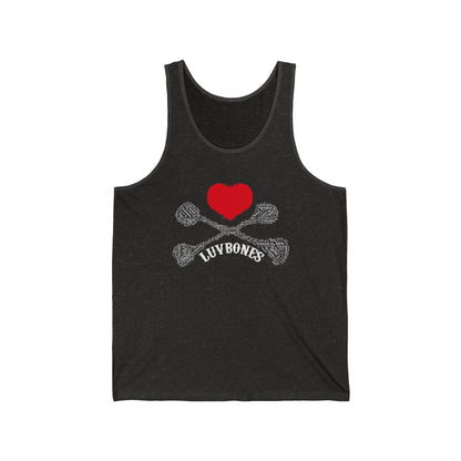 Heart & Skull Unisex Jersey Tank, Casual Summer Wear, Gift for Music Festivals, Trendy Beach Outfit, Valentines Day Apparel
