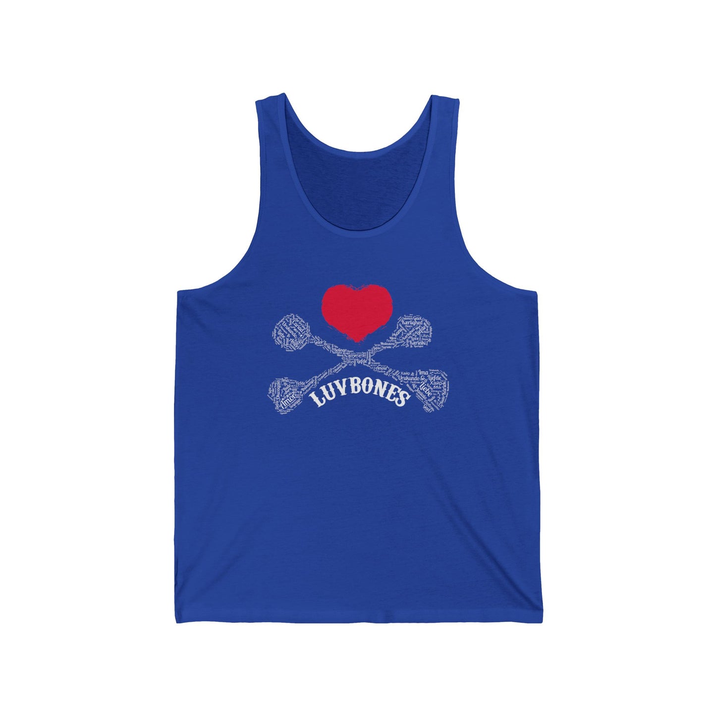 Heart & Skull Unisex Jersey Tank, Casual Summer Wear, Gift for Music Festivals, Trendy Beach Outfit, Valentines Day Apparel