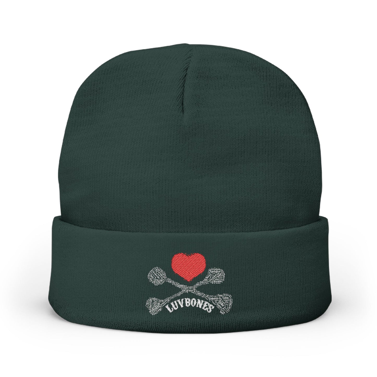 Luvbones - Hearts & Crossbones Knit Beanie, Warm Winter Hat, Casual Headwear, Skull Beanie, Gifts for Him/Her
