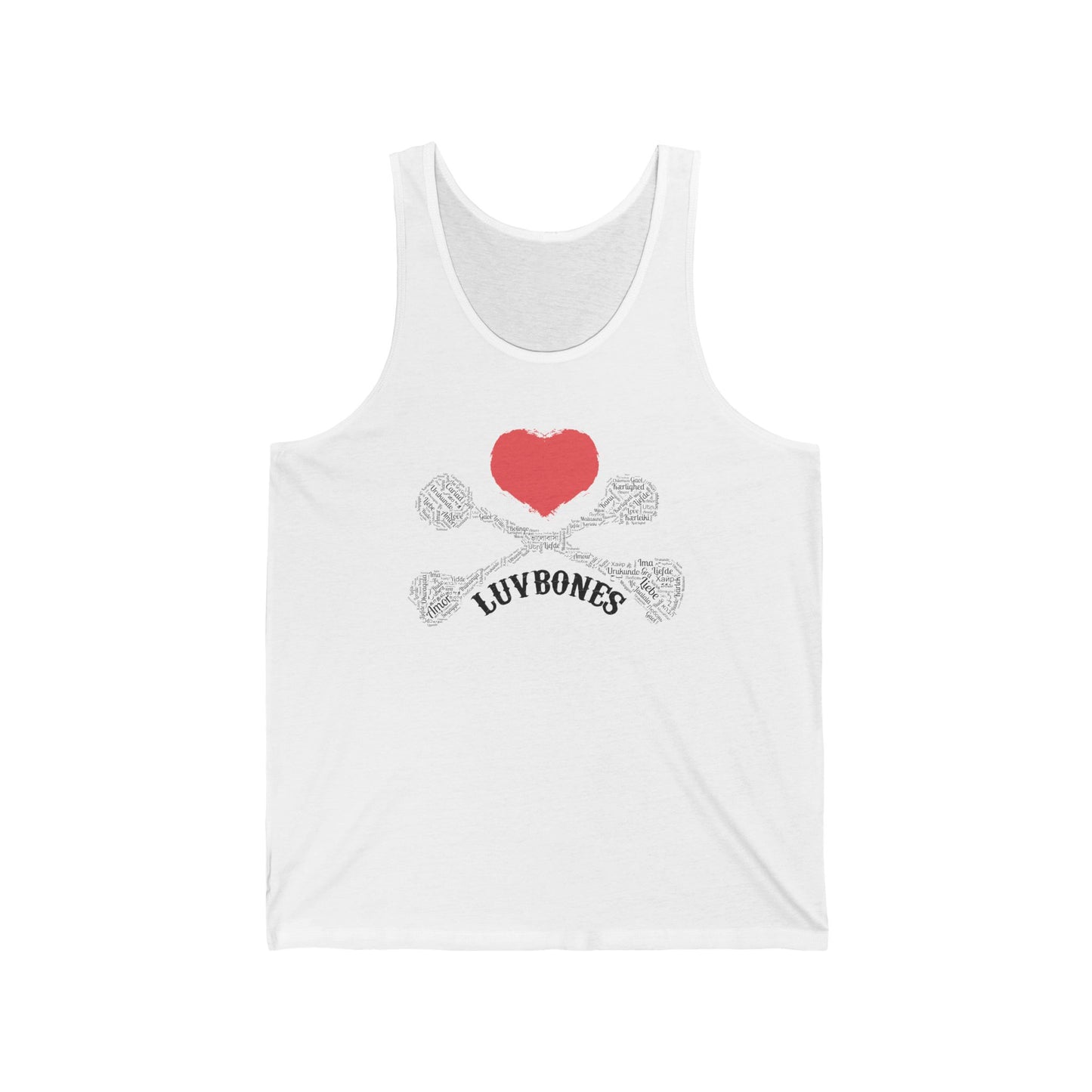 Heart & Skull Unisex Jersey Tank, Casual Summer Wear, Gift for Music Festivals, Trendy Beach Outfit, Valentines Day Apparel