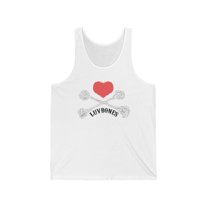 Heart & Skull Unisex Jersey Tank, Casual Summer Wear, Gift for Music Festivals, Trendy Beach Outfit, Valentines Day Apparel