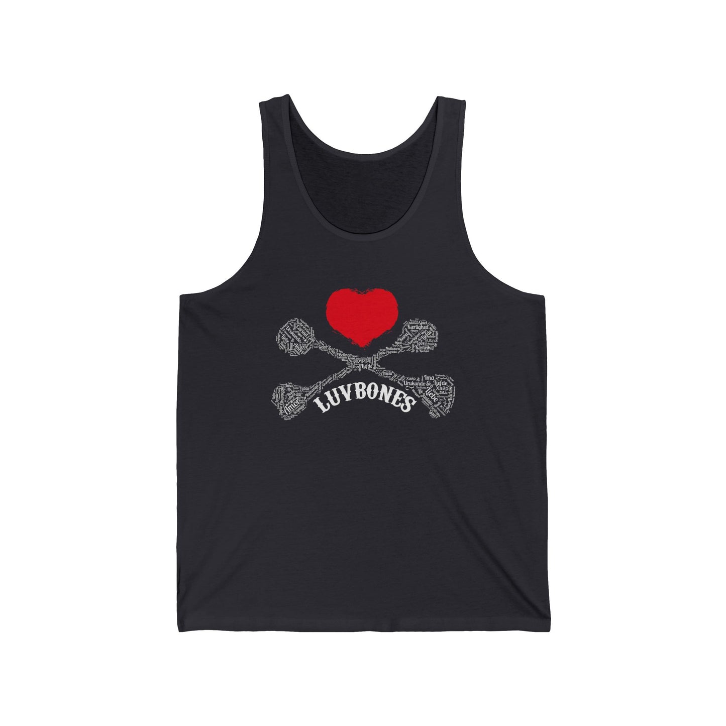 Heart & Skull Unisex Jersey Tank, Casual Summer Wear, Gift for Music Festivals, Trendy Beach Outfit, Valentines Day Apparel
